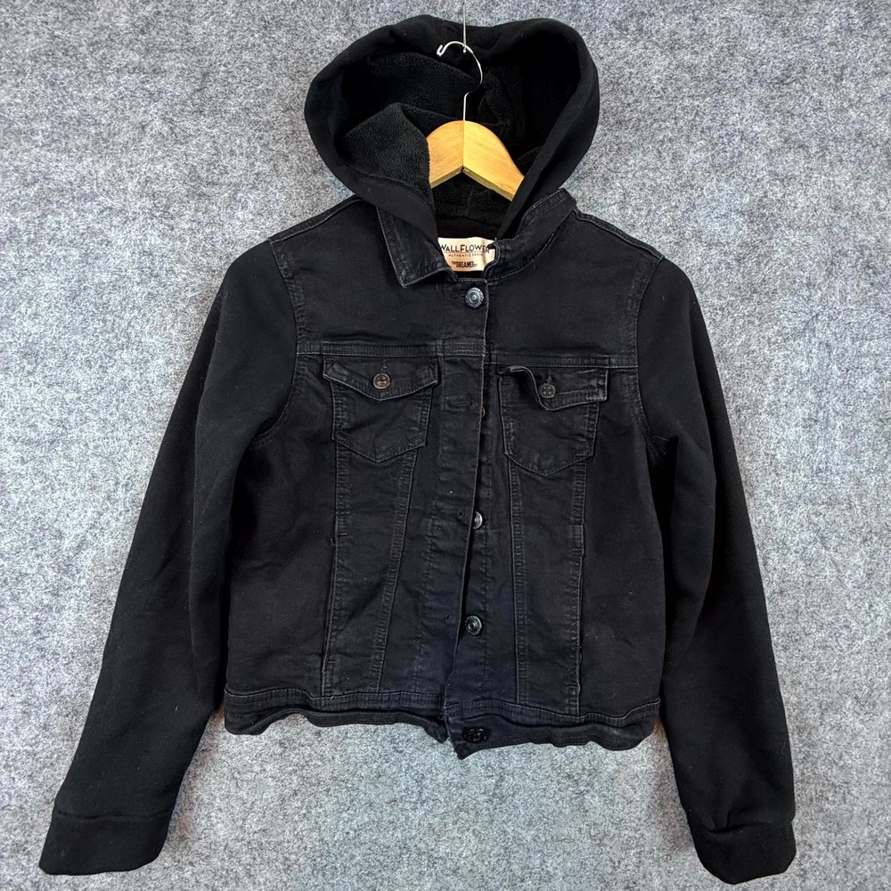 Wallflower Jeans Hybrid Trucker Hoodie Jacket Womens Medium Black Denim Grunge